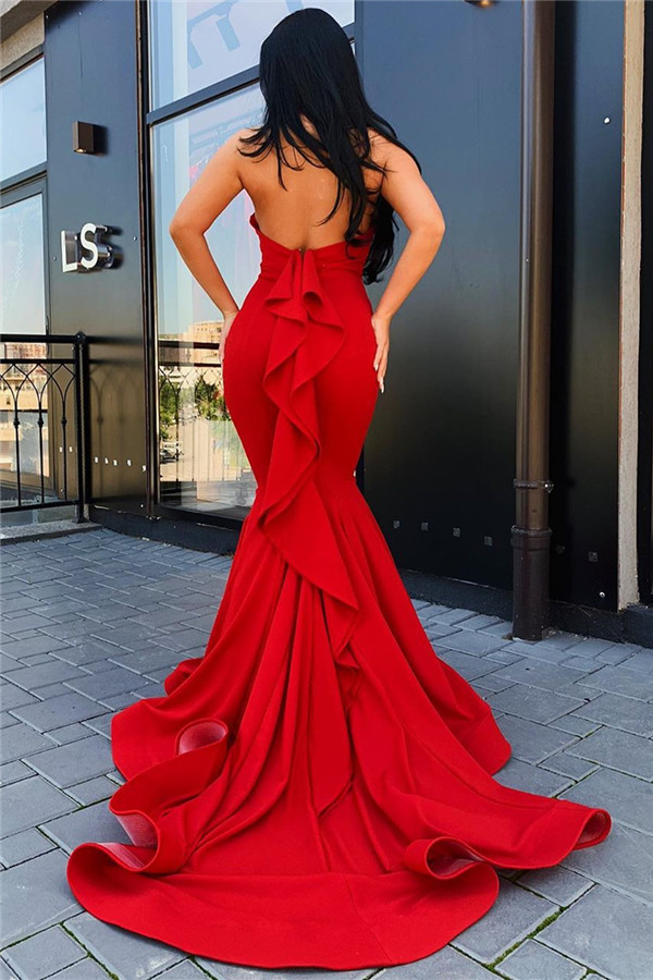 Straps Sleeveless Red Mermaid Open Back Sweep Train Prom Dresses-newarrivaldress