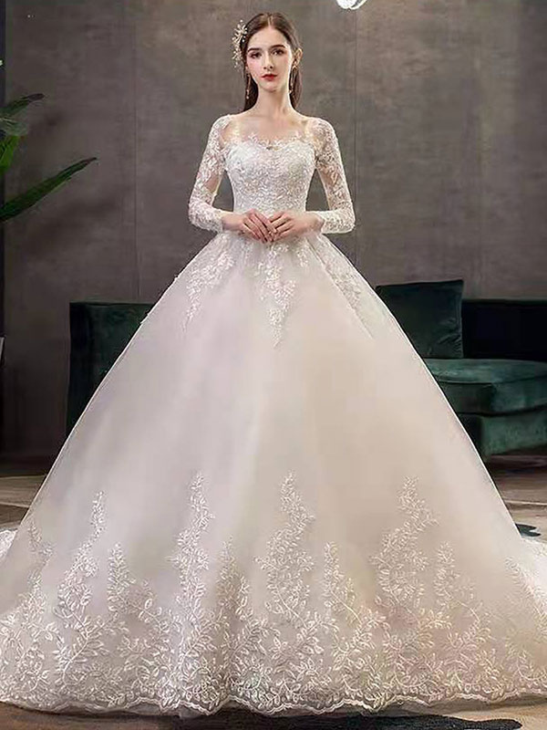 New Vintage Wedding Dresses Eric White Jewel Neck Long Sleeves Natural Waist Satin Fabric Cathedral Train Applique Traditional Dresses For Bride-newarrivaldress