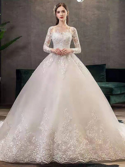 New Vintage Wedding Dresses Eric White Jewel Neck Long Sleeves Natural Waist Satin Fabric Cathedral Train Applique Traditional Dresses For Bride-newarrivaldress