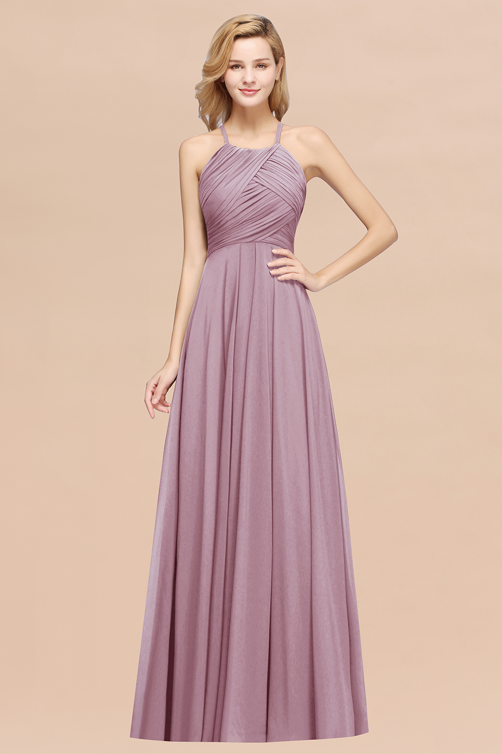 Halter Pleated Bridesmaid Dress Chiffon Sleeveless Floor Length Wedding Guest Dress-newarrivaldress