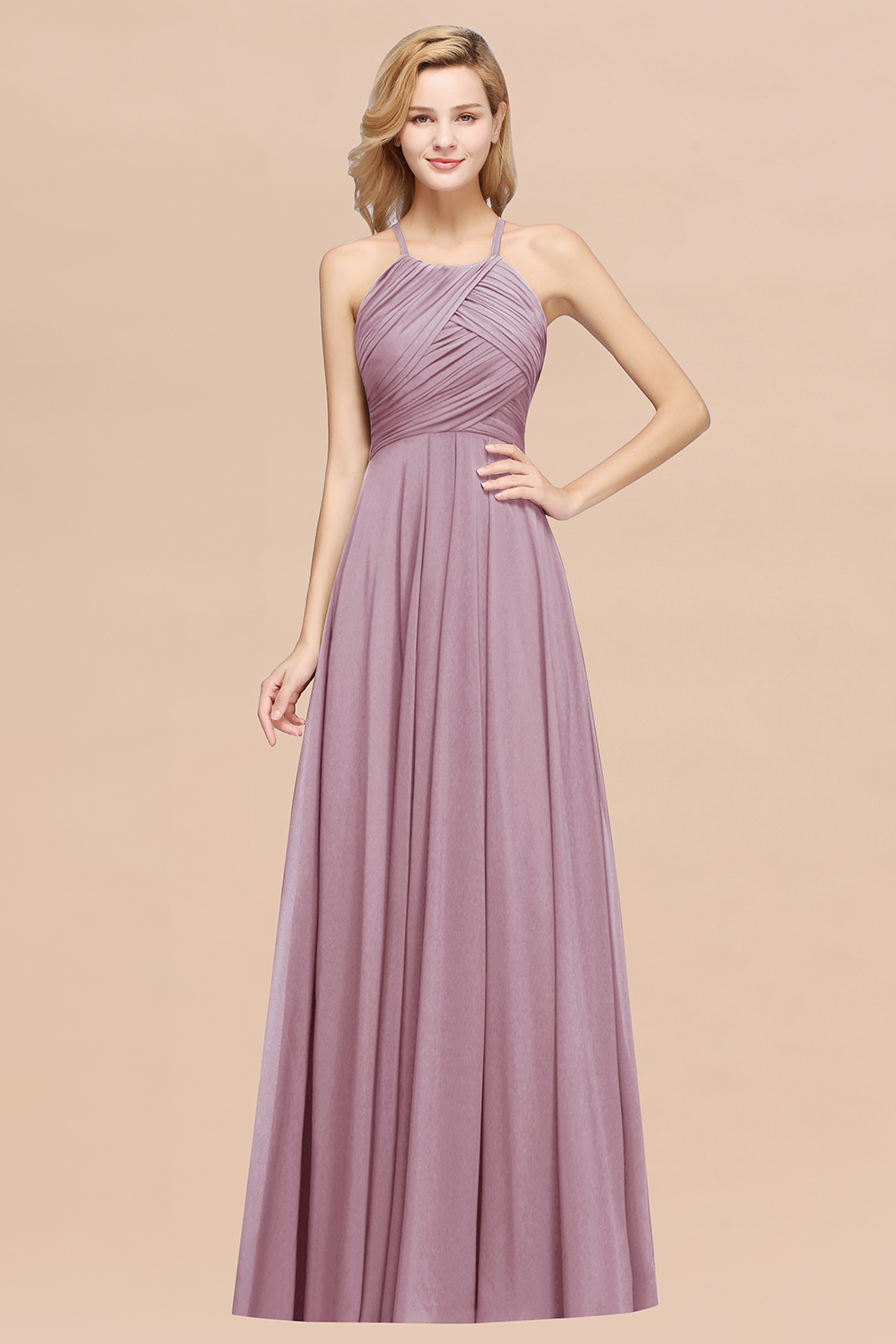 Halter Pleated Bridesmaid Dress Chiffon Sleeveless Floor Length Wedding Guest Dress-newarrivaldress
