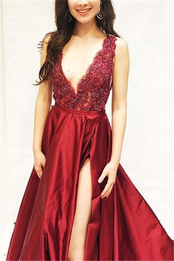 Burgundy A-line Applique Sleeveless V-Neck Side Slit Prom Dresses-newarrivaldress