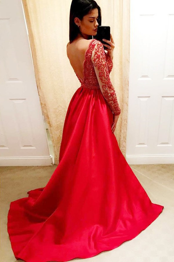 Sexy Deep V-Neck Long Sleeves Beading A-Line Prom Dress-newarrivaldress