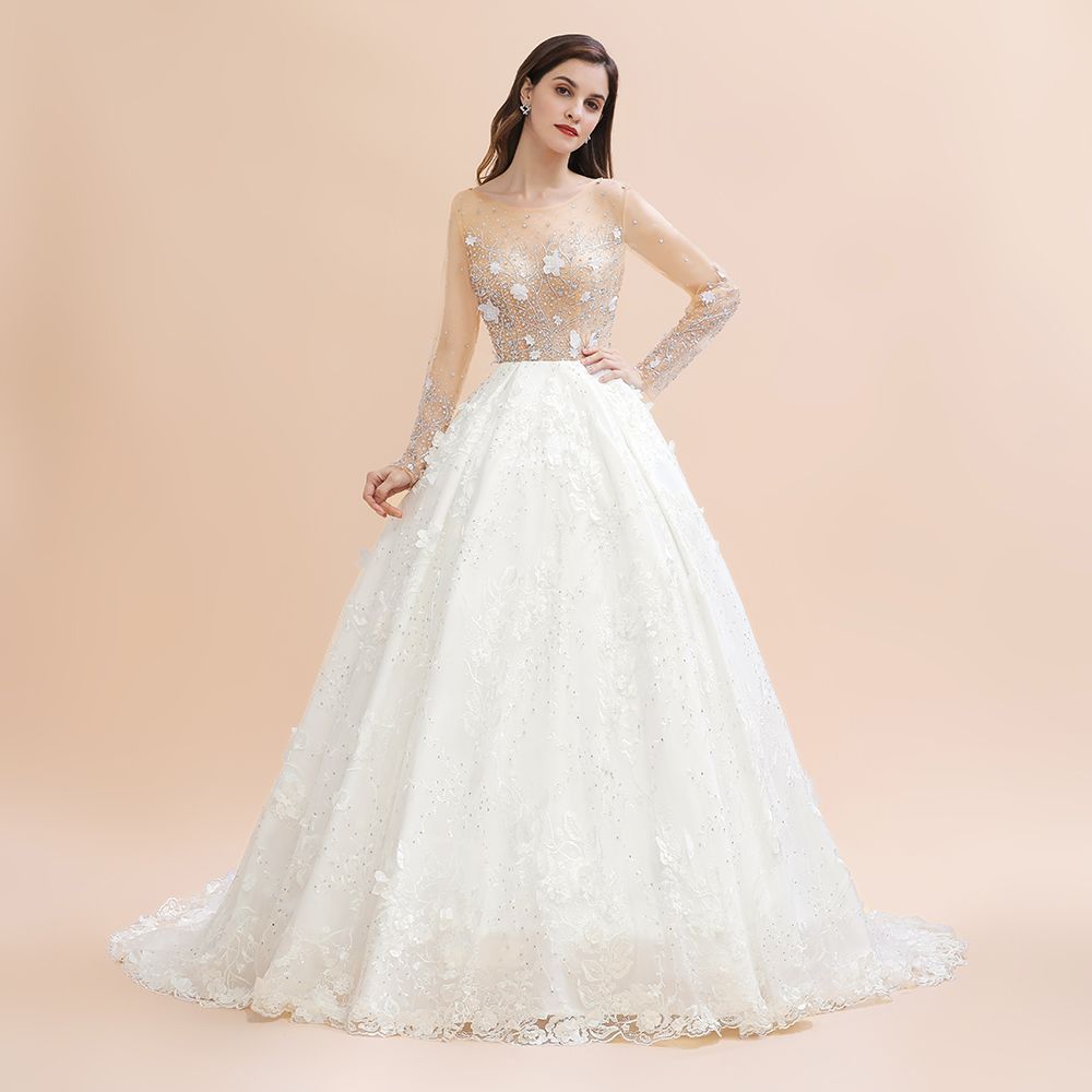 Gorgeous Scoop Neck Wedding Dress Long Sleeves Glitter Floral Lace Aline Bridal Dress-newarrivaldress
