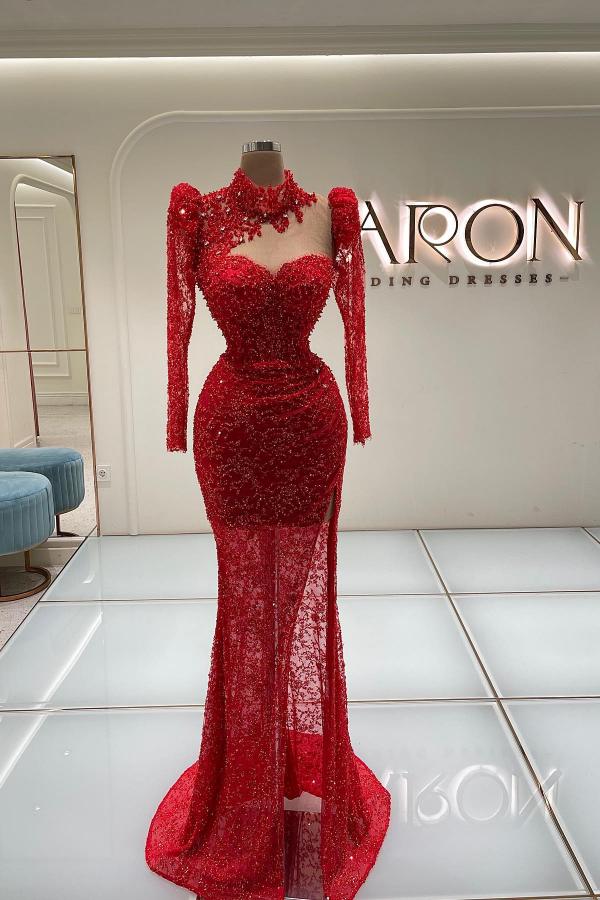 Luxurious Red Long Sleeves Pearls Mermaid Prom Dress High Neck Sequins Party Dress-newarrivaldress