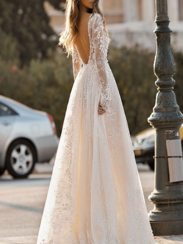 Simple Wedding Dress A Line V Neck Long Sleeves Lace Floor Length Bridal Gowns-newarrivaldress