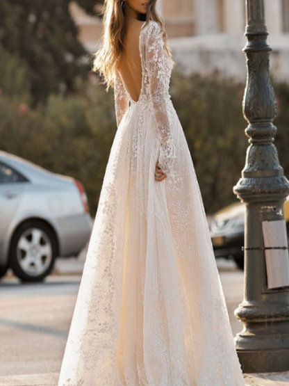 Simple Wedding Dress A Line V Neck Long Sleeves Lace Floor Length Bridal Gowns-newarrivaldress