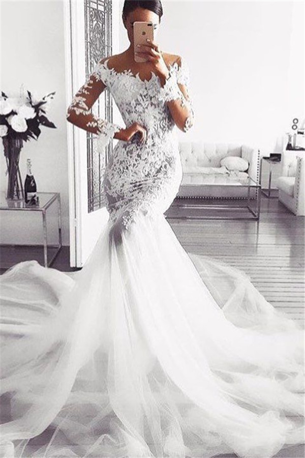 Sexy Sheer Tulle Illusion Wedding Dresses | Long Sleeve Lace Mermaid Bridal Gowns-newarrivaldress