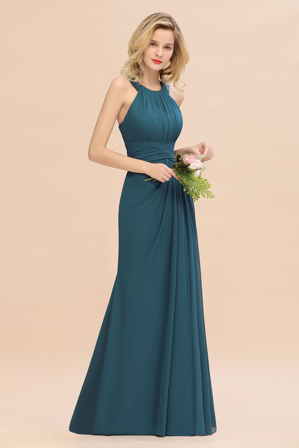 Halter Ruched Chiffon Mermaid Bridesmaid Dress Long Wedding Guest Dress-newarrivaldress