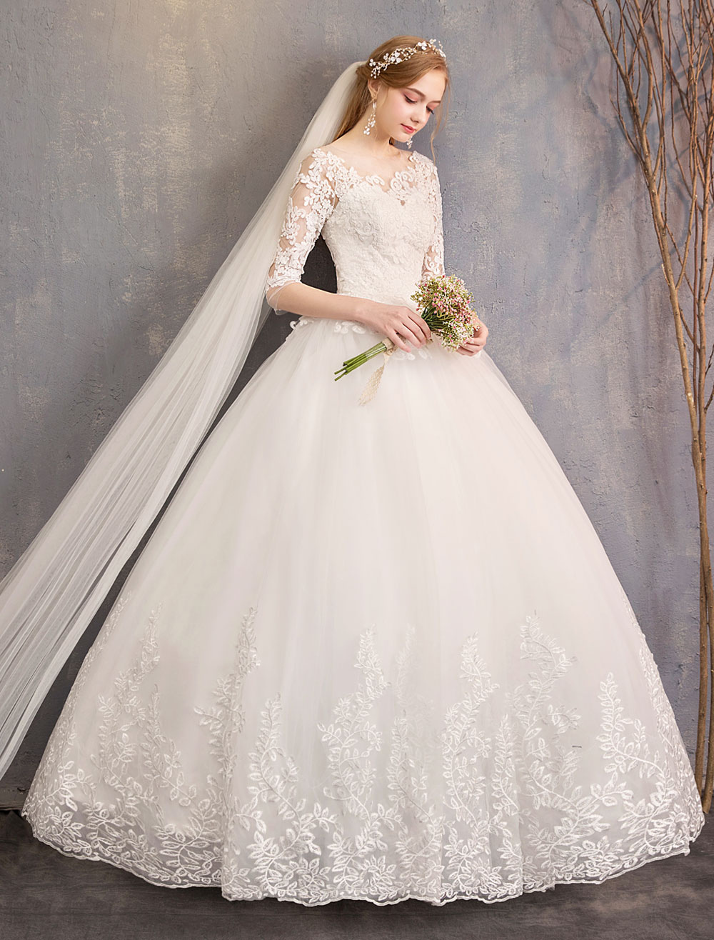 Princess Wedding Dresses Lace Illusion Neckline Half Sleeve Floor Length Bridal Gown-newarrivaldress