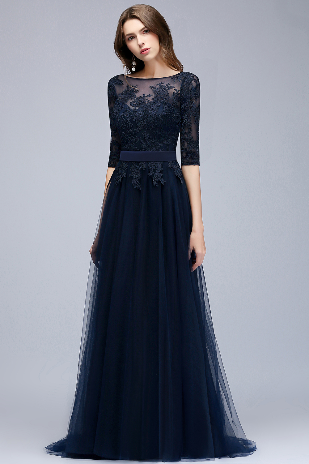 NANA | A-line Half Sleeves Floor Length Slit Appliqued Tulle Prom Dresses with Sash-newarrivaldress