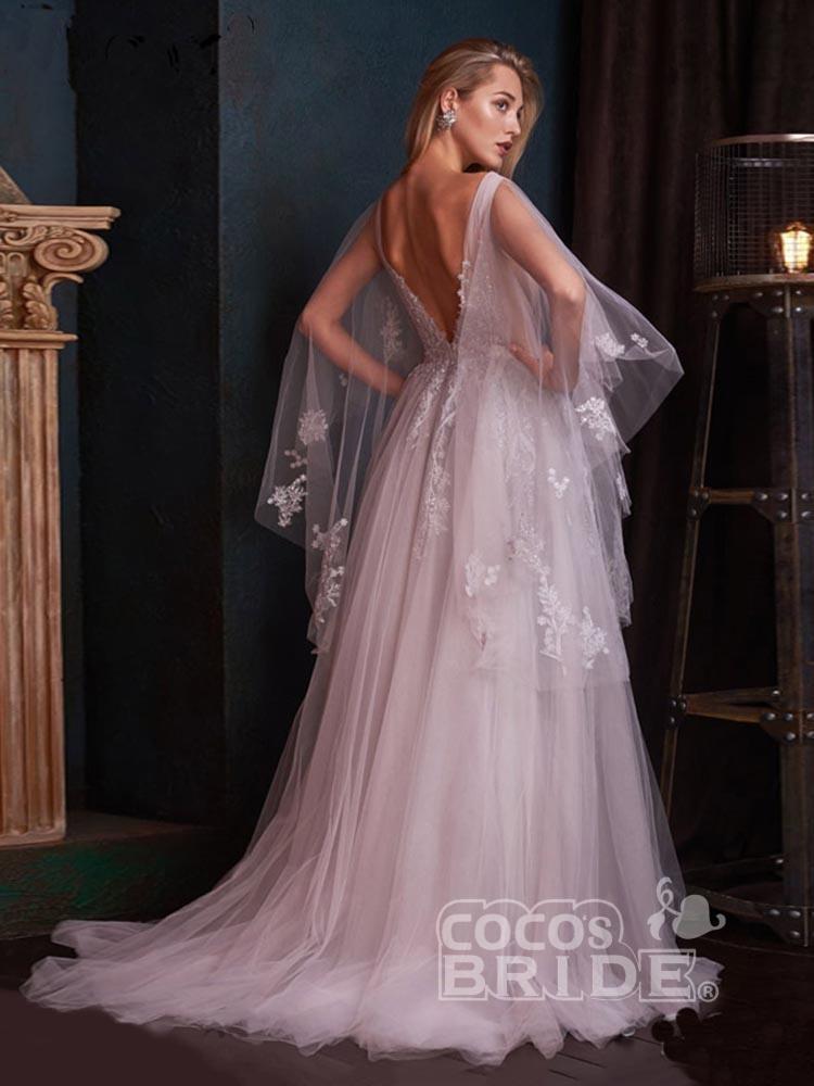 Romantic Deep V-Neck Aline Wedding Dress with Sweep Wrap-newarrivaldress