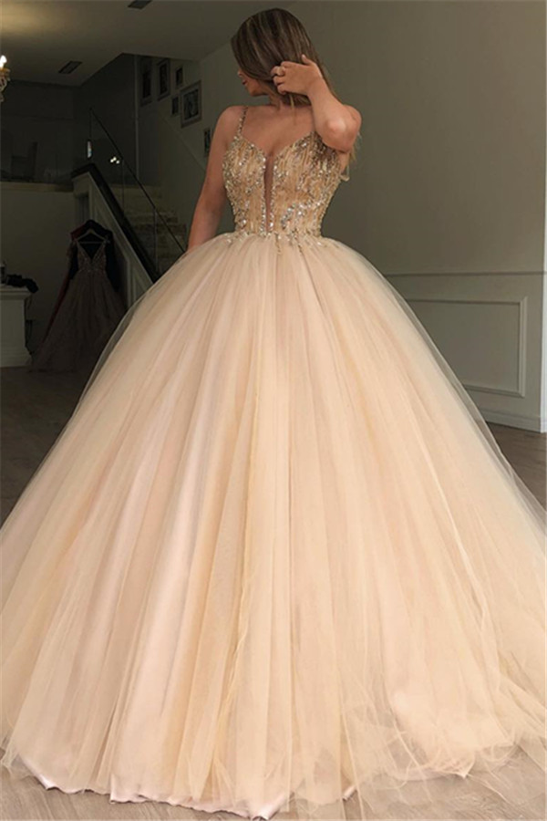 Glamorous Ball Gown Spaghetti Straps Sleeveless Beaded Champagne Wedding Dresses-newarrivaldress