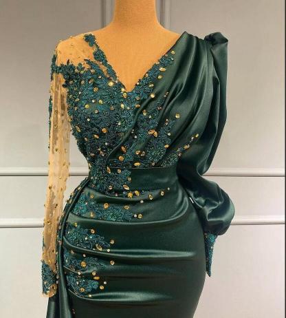 Long Sleeves Dark Green Evening Dress V-Neck Satin Prom Dress with Beads-newarrivaldress