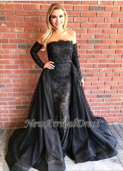 Over-Skirt Black Strapless Gorgeous Sheath Embroideries Prom Dresses-newarrivaldress