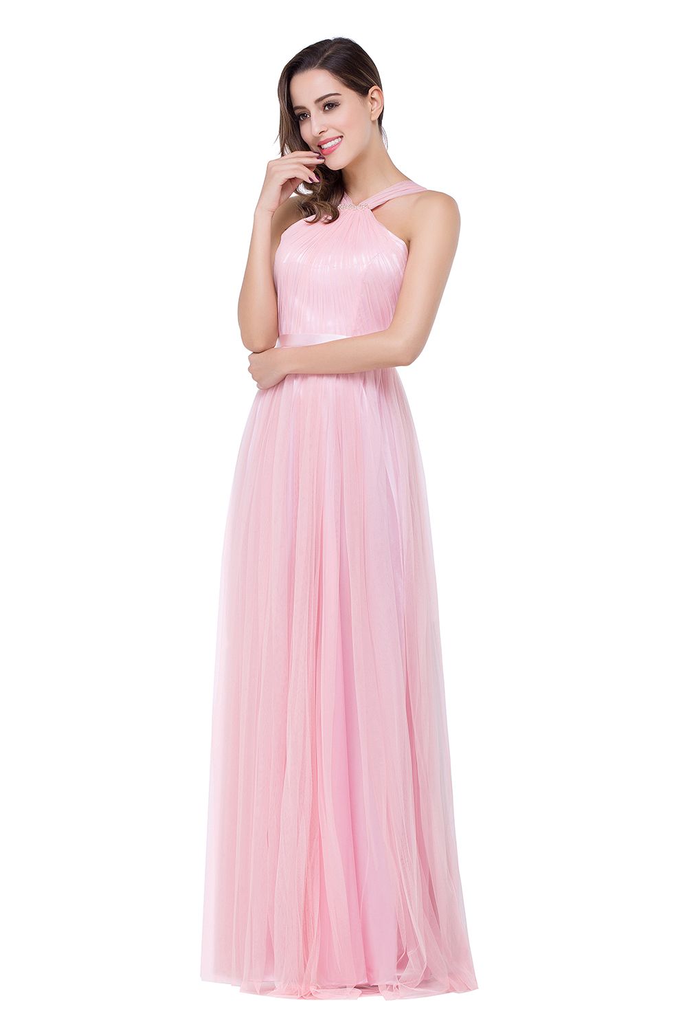 ELLIOTT | Sheath Floor-length Pink Tulle Bridesmaid Dresses with Ribbon Sash-newarrivaldress