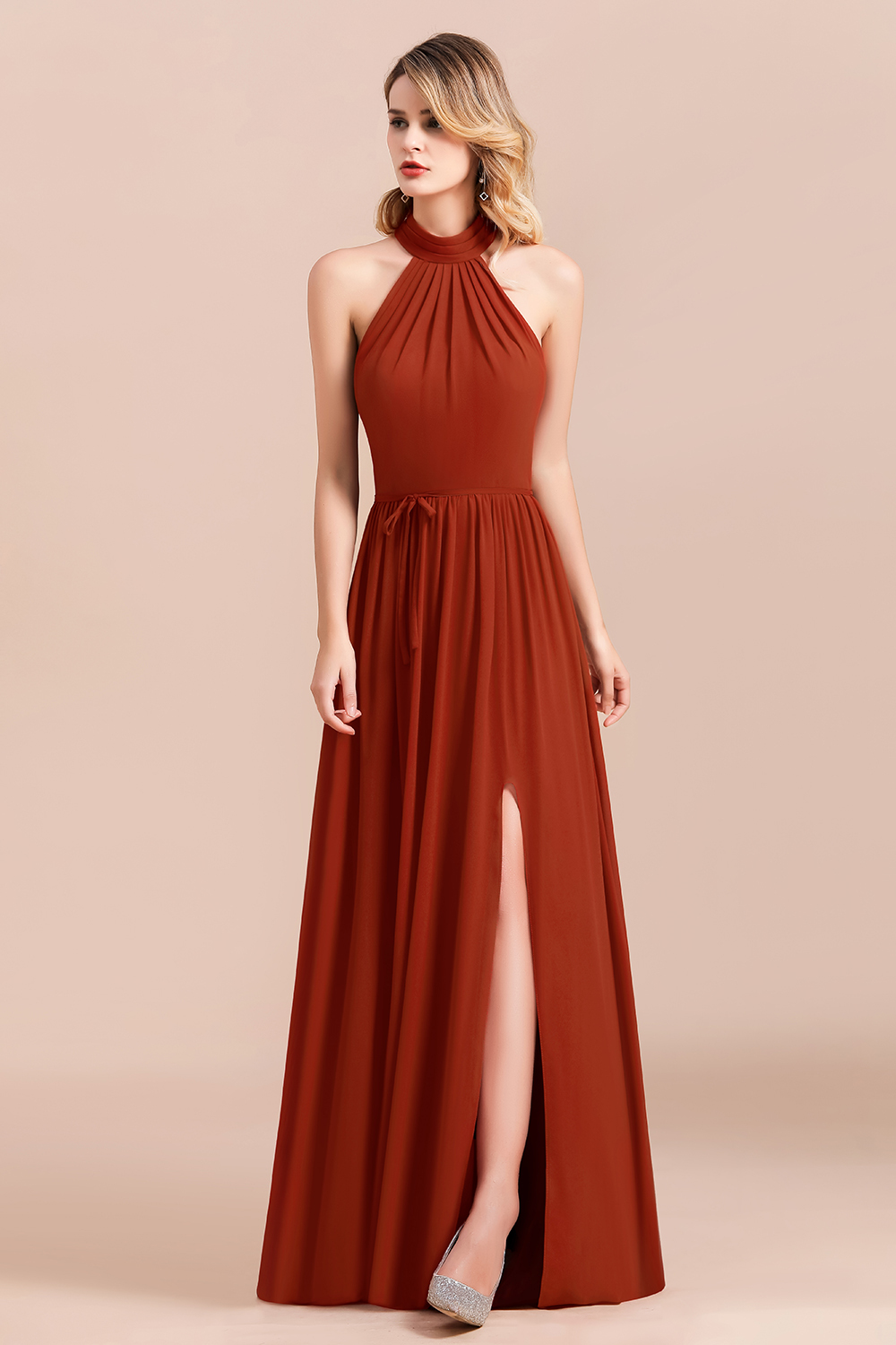 Elegant Halter Rust Long Chiffon Bridesmaid Dresses with Front Slit-newarrivaldress