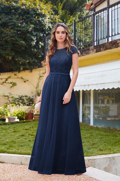 Chic Cap Sleeves Illusion Lace Aline Bridesmaid Dress Floor Length Chiffon Evening Dress-newarrivaldress
