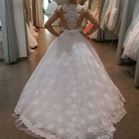 Long Sleeve Elegant Lace Appliques Ball Gown Wedding Dresses with Court Train-newarrivaldress