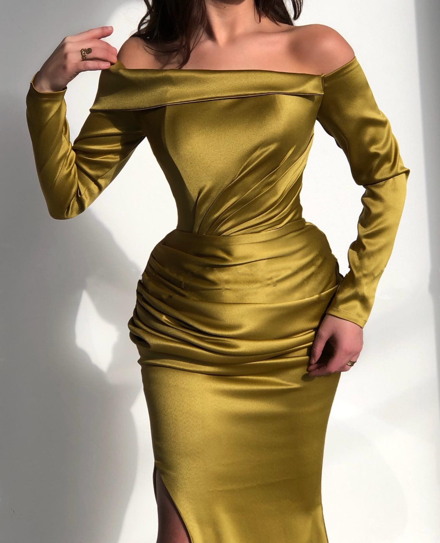 Off the shoulder Long Sleeves Satin Mermaid Prom Dress with Side Split-newarrivaldress