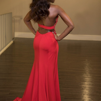 2021 Red Chiffon Prom Dresses Keyhole High Neck Lace Appliques Side Split A-line Formal Gowns-newarrivaldress