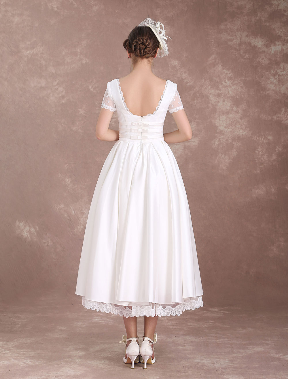 Vintage Wedding Dress Short Sleeve 1950'S Bridal Dress Backless Polka Dot Lace Trim Ivory Wedding Reception Dress Exclusive-newarrivaldress