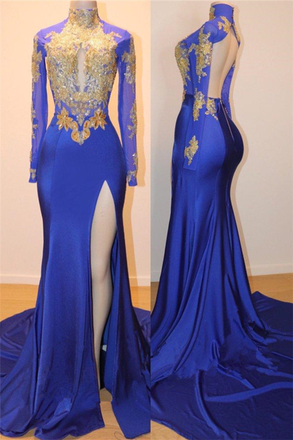Side Slit Royal Blue Gold Long Prom Dresses | Open Back Long Sleeve Evening Dress-newarrivaldress
