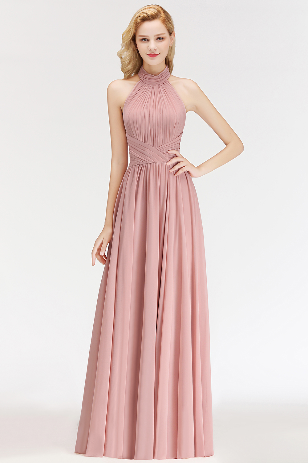 Sleeveless A-line Fashion Floor-length Chiffon Backless Halter Bridesmaid Dress-newarrivaldress