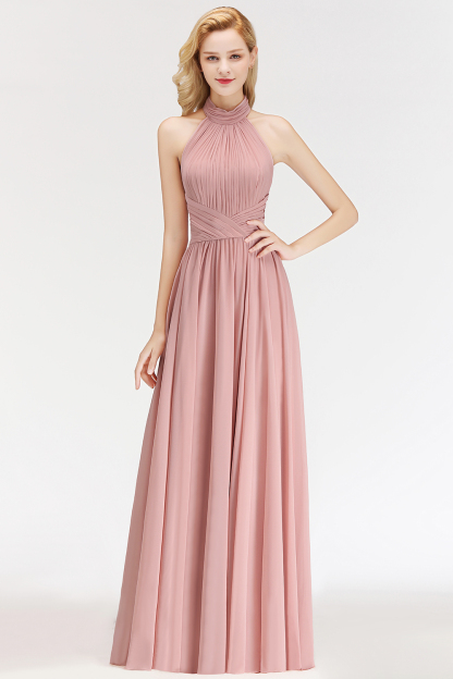 Sleeveless A-line Fashion Floor-length Chiffon Backless Halter Bridesmaid Dress-newarrivaldress
