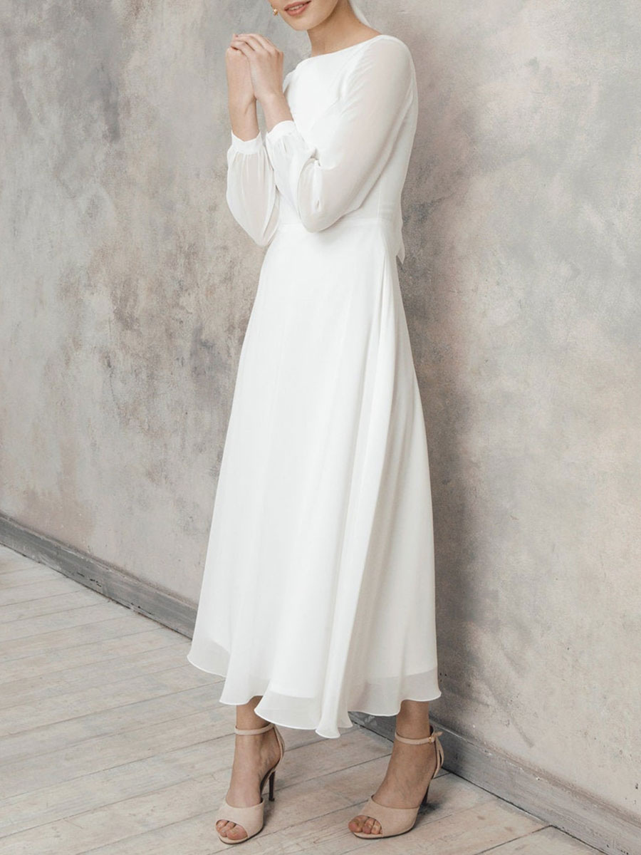 White A-Line Simple Wedding Dress Jewel Neck Long Sleeves Ankle-Length Zipper Chiffon Bridal Gowns-newarrivaldress