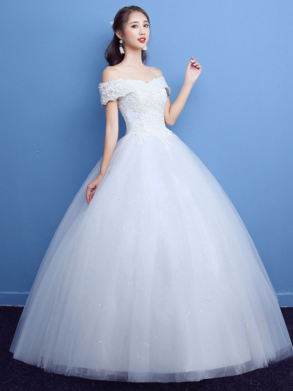 Ball Gown Wedding Dress Princess Silhouette Floor-Length Bateau Neck Short Sleeves Applique Tulle Bridal Gowns-newarrivaldress