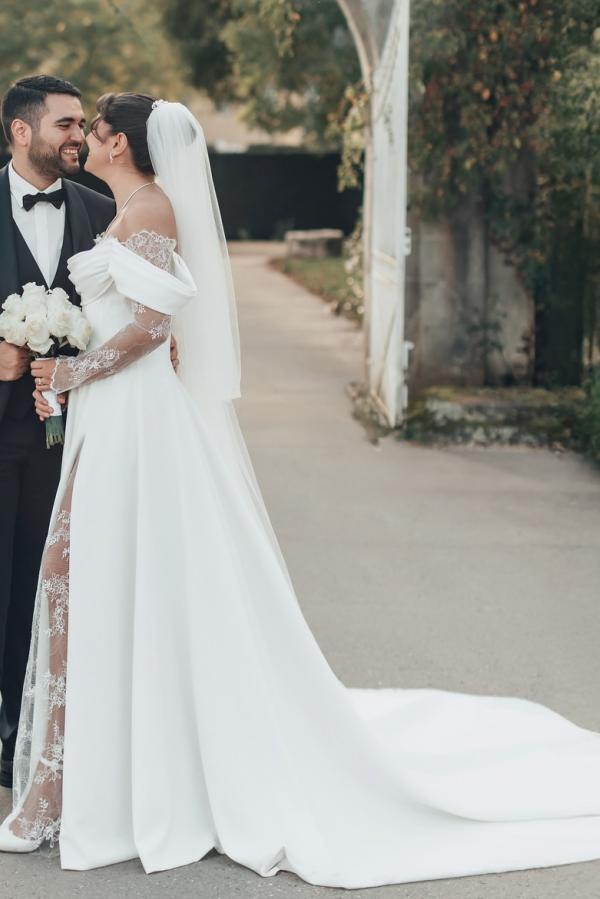 Off-the-Shoulder White Front Split Wedding Dress Ruffle Satin Lace Appliques Aline Bridal Dress-newarrivaldress