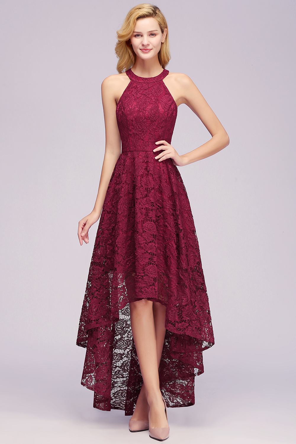 Halter Sleeveless Sheath Asymmetrical Burgundy Lace Dresses-newarrivaldress