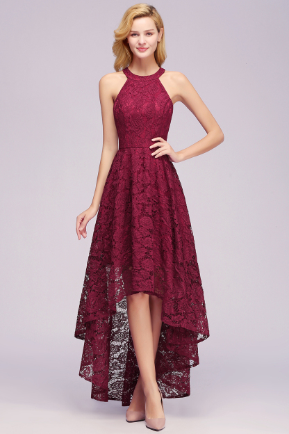 Halter Sleeveless Sheath Asymmetrical Burgundy Lace Dresses-newarrivaldress