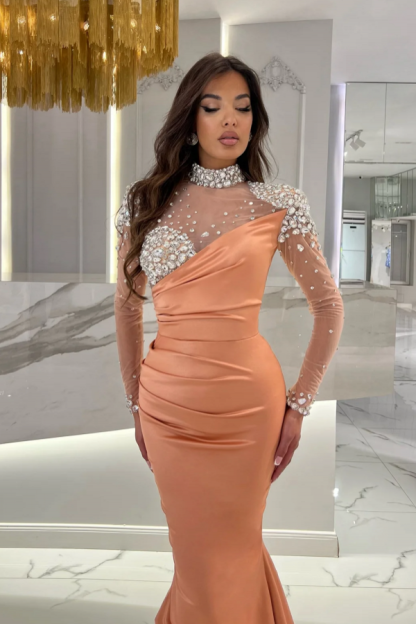 Chic Orange Ruched Satin High Neck Sparkly Sequins Evening Dresses with Long Sleeves-newarrivaldress