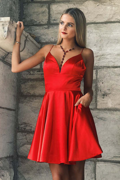 Sleeveless V-Neck Satin Short Party Dress Simple V-Neck Knee Length Dress with Pockets-newarrivaldress