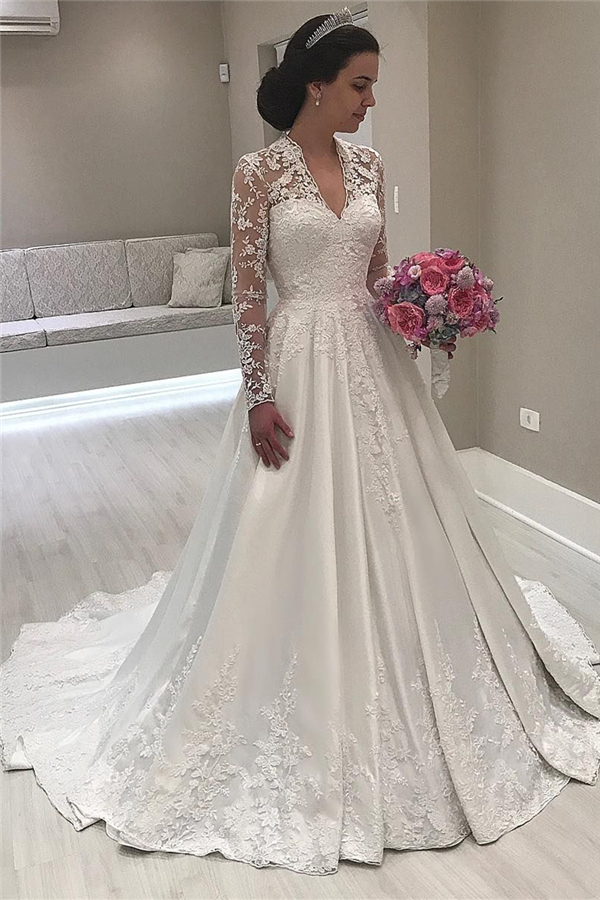 V-neck Lace Long Sleeve Wedding Dresses Vintage | Satin Appliques 2021 Royal Wedding Dress-newarrivaldress