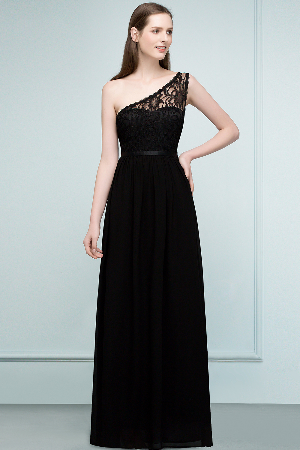 SYBIL | A-line One-shoulder Floor Length Lace Chiffon Bridesmaid Dresses with Sash-newarrivaldress