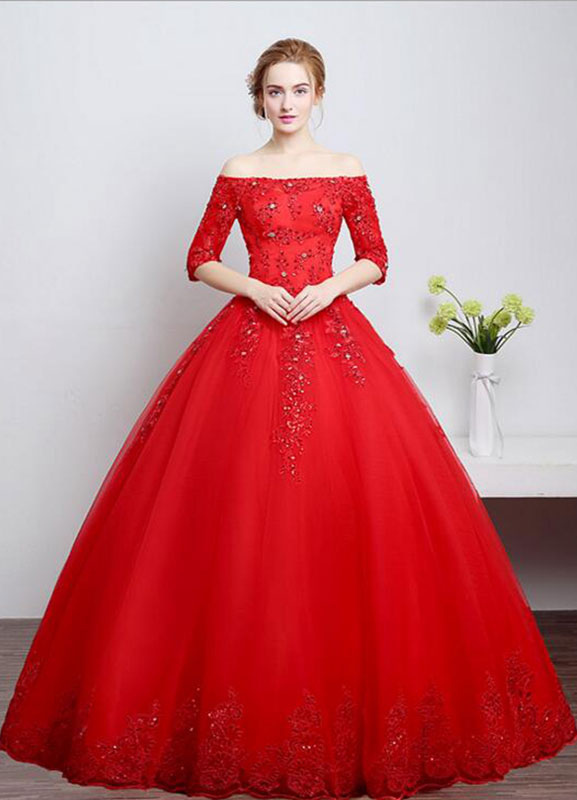 Lace Wedding Dress Off The Shoulder Ivory A Line Lace Up Half Sleeve Sequined Floor Length Bridal Dress-newarrivaldress