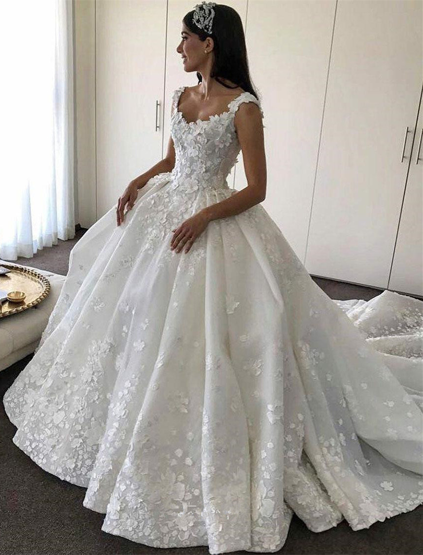 Gorgeous New Arrival Lace Straps Ball Gown Elegant Wedding Dresses | Flowers Bridal Gowns-newarrivaldress