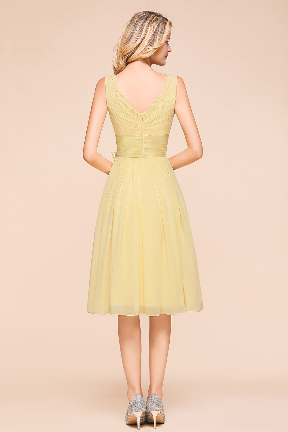 Elegant Daffodil Ruffle Chiffon Short Bridesmaid Dress Sleeveless Aline Tea Length Formal Dress-newarrivaldress