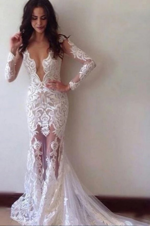 Glamorous Lace Sheath Long Sleeve Custom Made Prom Dress-newarrivaldress