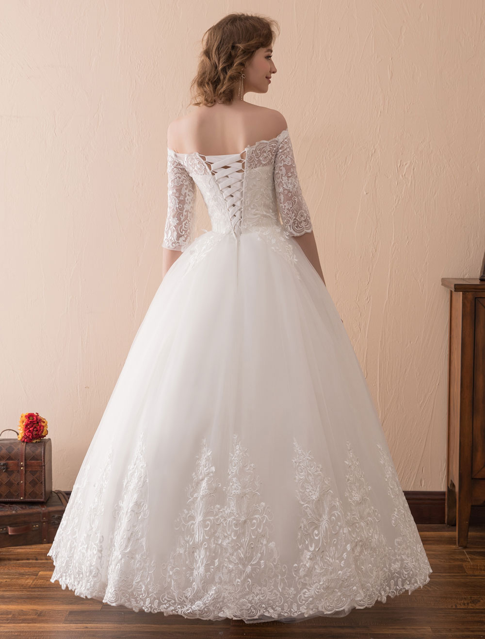 Wedding Dresses Princess Lace Off The Shoulder Bridal Gown Half Sleeve Floor Length Bridal Dress-newarrivaldress