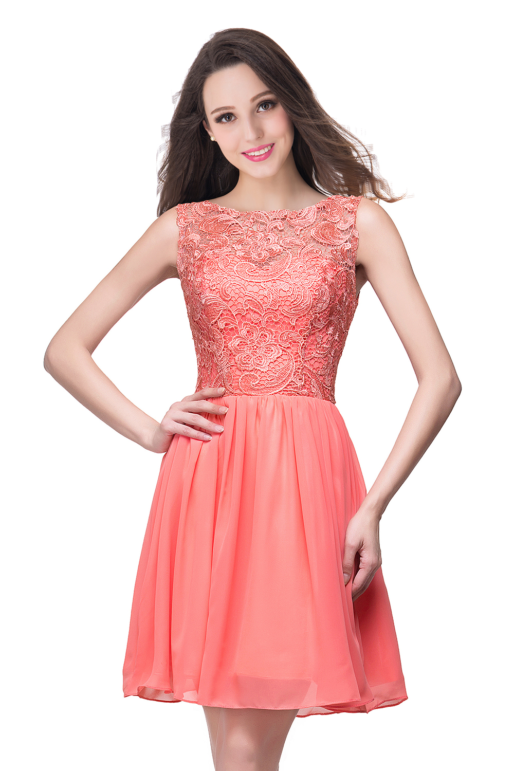 ELIANA | A-line Short Sleeveless Bateau Chiffon Ruffles Lace Top Prom Dresses-newarrivaldress