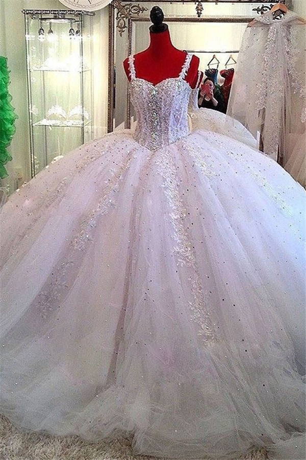 Spaghetti Straps Luxurious Crystals Bridal Gowns | Lace Puffy Tulle Ball Gown Wedding Dresses-newarrivaldress