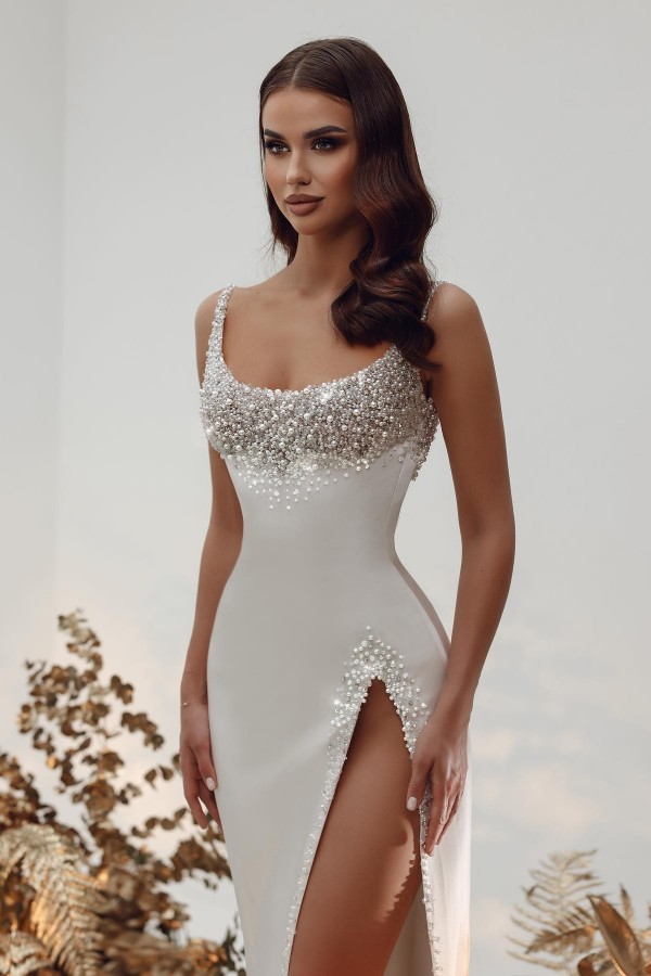 Unique Beads Column Boho Wedding Dress with Slit Satin Bridal Gown-newarrivaldress