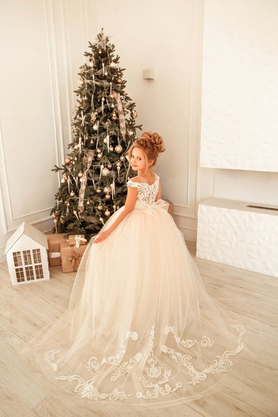 Lovely Cap Sleeves White Floral Tulle Flower Girl Dress Christmas /Birthday Party Dress for Little Girls-newarrivaldress