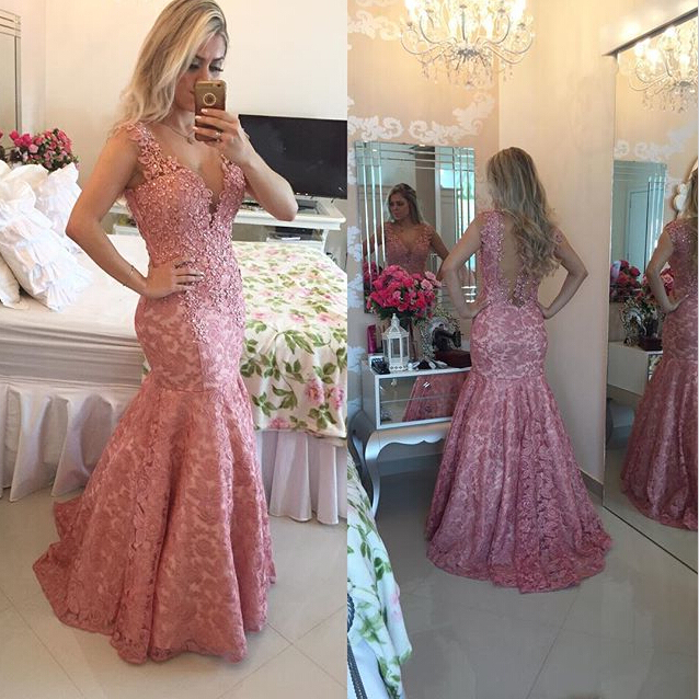 Sexy Deep V-Neck Mermaid Prom Dress Lace Appliques Evening Gowns with Beadings-newarrivaldress