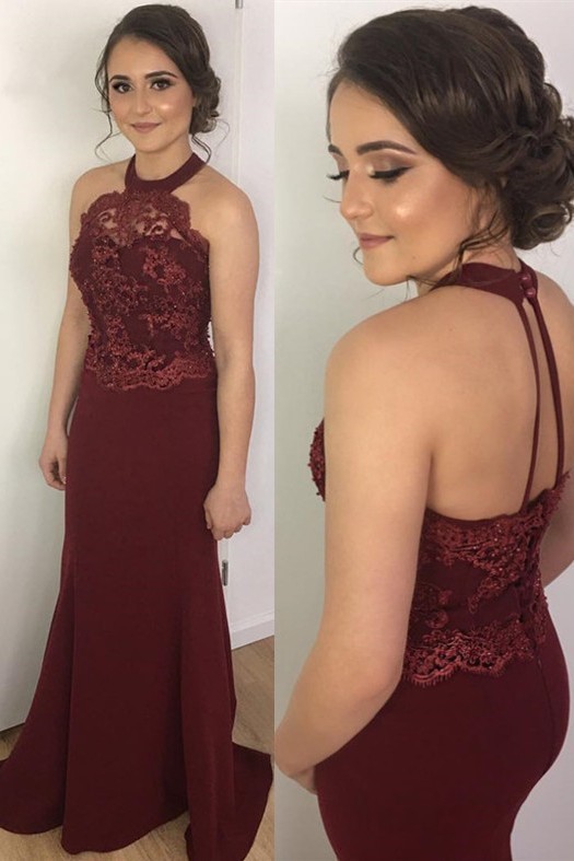 Burgundy Prom Dresses Mermaid Lace Halter Backless Evening Gowns-newarrivaldress