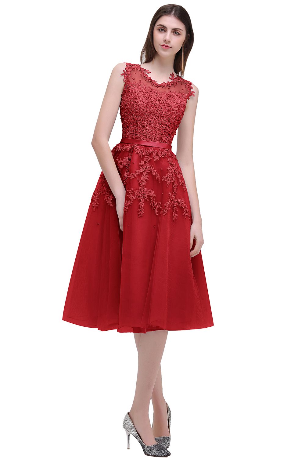 Tea-Length A-line Sheer-Neck Amazing Lace-Appliques Beaded Party Dresses-newarrivaldress